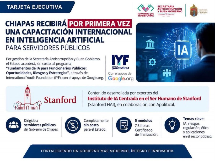 Chiapas recibirá por primera vez capacitación internacional en inteligencia artificial para servidores públicos